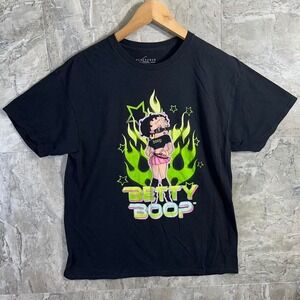 Y2K Betty Boop black cotton tee with neon green flames and stars. Size: L